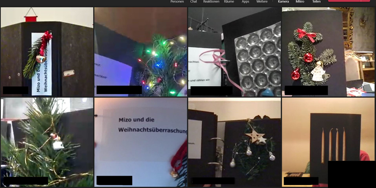 Das Bild zeigt einen Screenshot einer Videokonferenz. Die Namen der Teilnehmer sind jeweils mit einem Balken unkenntlich gemacht. Das Bild ist in acht gleichgroße Rechtecke im Raster 4x2 unterteilt. In jedem Rechteck wird eine Seite des selbst hergestel