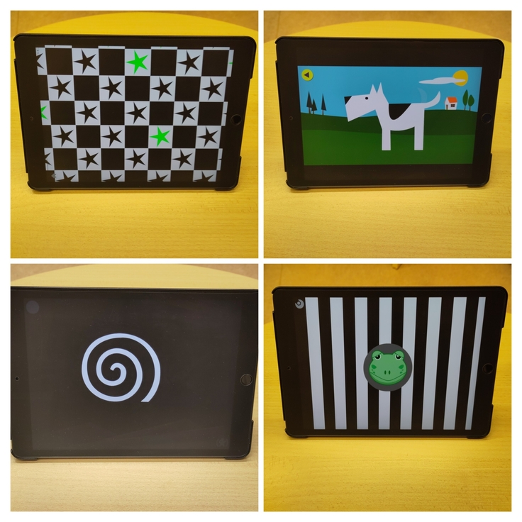  Man sieht eine Collage, die aus vier Bildern besteht. Auf jedem Bild ist ein Tablet mit Apps zur visuellen Förderung abgebildet.