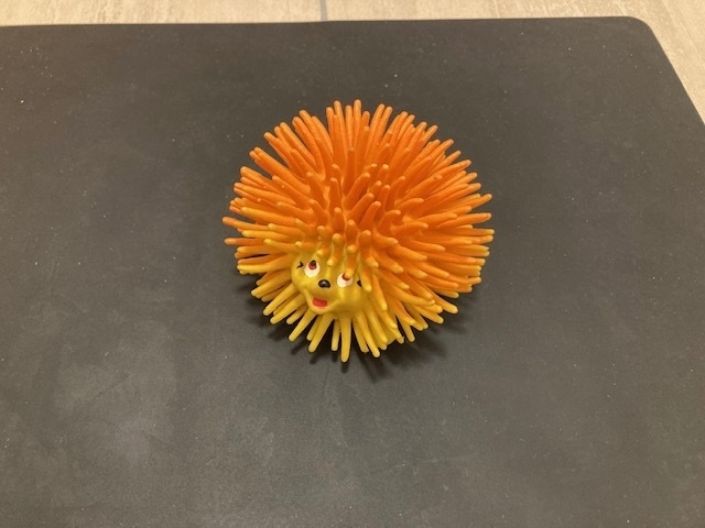 Auf dem Foto ist ein gelber Spielzeugigel auf einer schwarzen Unterlage zu sehen. Der Igel ist aus Gummi und hat deutliche Stacheln.