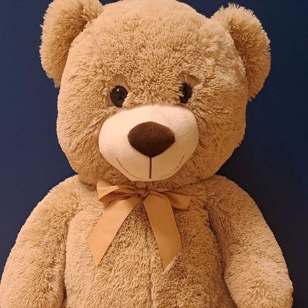Ein großer, beiger Teddybär sitzt an eine blaue Wand gelehnt. Er hat eine beige Schleife um den Hals gebunden und lächelt freundlich.
