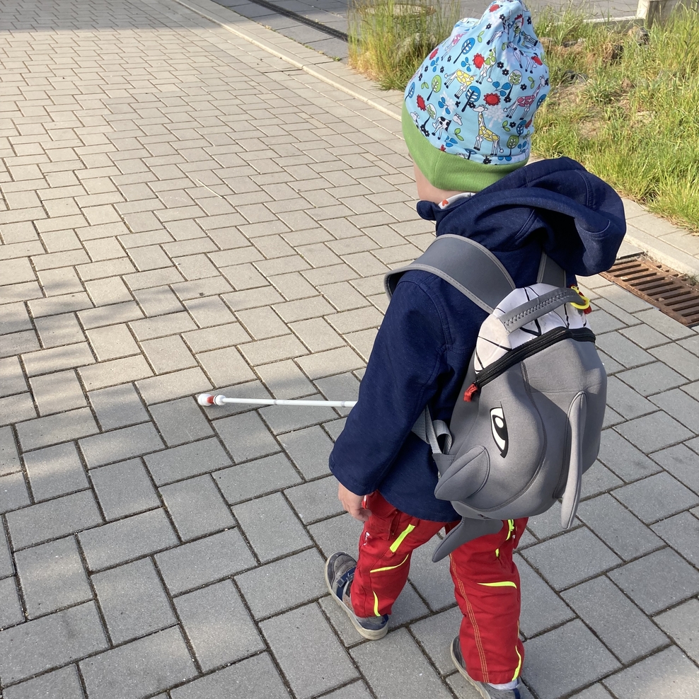 Auf dem Bild geht ein kleiner Junge mit einem Langstock den gepflasterten Weg entlang. Er trägt eine Mütze, einen Anorak und einen Rucksack. Er ist von hinten zu sehen.