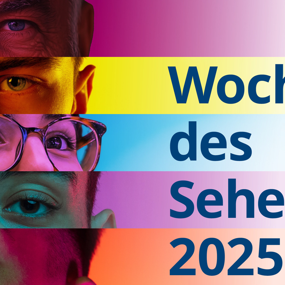 Mehrere Ausschnitte auf denen nur die Augen zu sehen sind, wurden übereinander gestapelt. Jedes Augenpaar hat eine andere Farbe. Daneben steht: Woche des Sehens 2025.