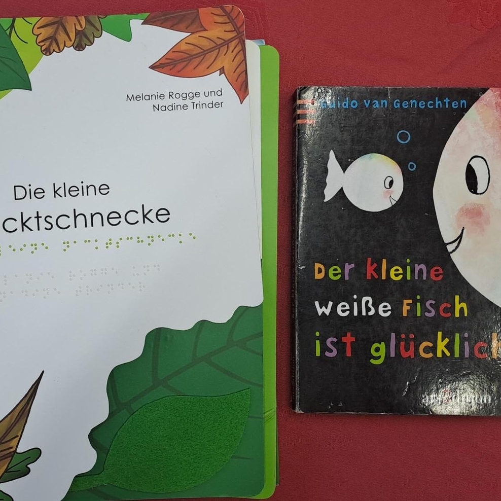 Auf dem Foto sieht man das Fühlbuch „Die kleine Nacktschnecke“ und das kontrastreiche Bilderbuch „Der kleine weiße Fisch ist glücklich“.